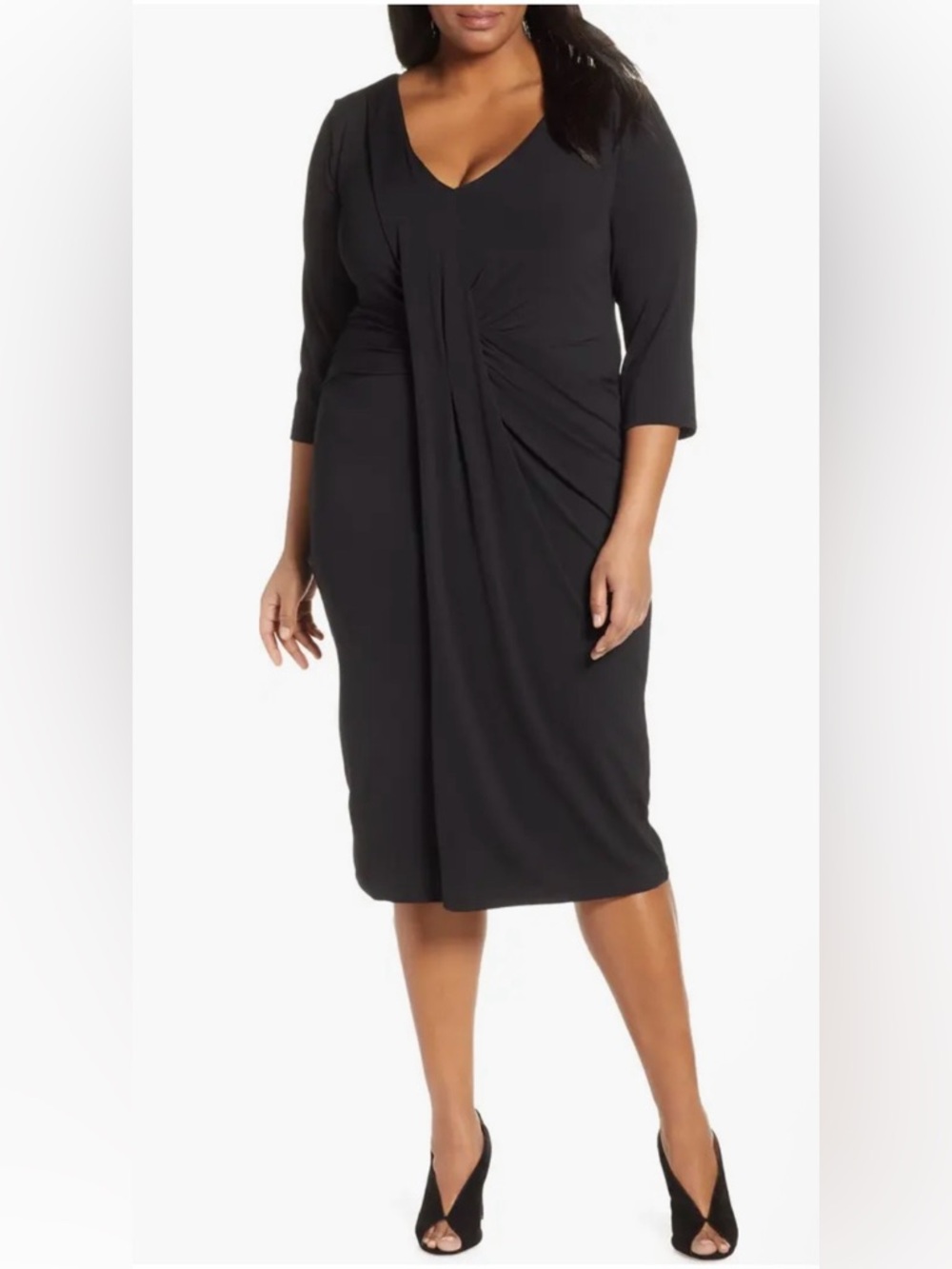 Classic Black Midi Sheath Dress with Three-Quarter Sleeves